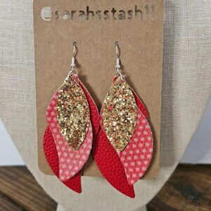 FAUX Leather Earrings, between 2.5" and 3.5" NWT, Christmas, Snowflakes,Gold/Red